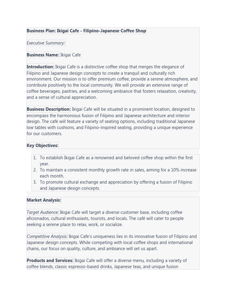 Business Plan IKIGAI CAFE PDF Coffeehouse Philippines