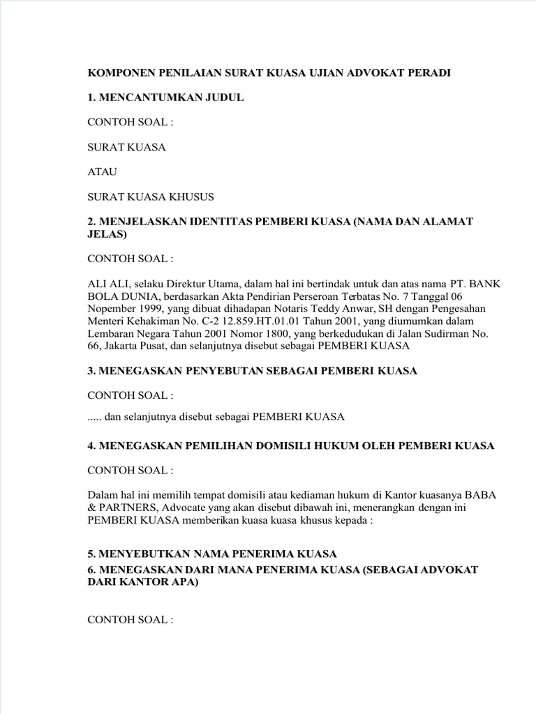 Tips komponen penilaian surat kuasa ujian advokat peradi pdf