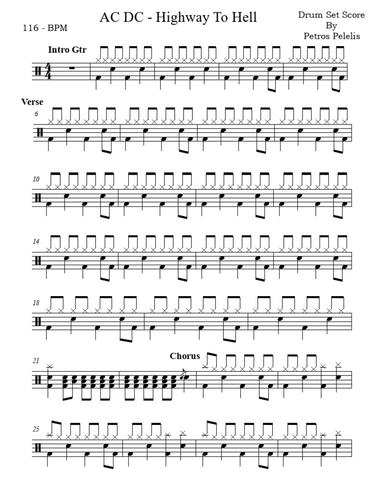 AC DC - Highway To Hell - Drum Score - Petros Pelelis | PDF, image size:768x1024