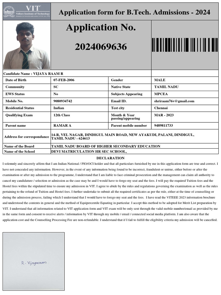 Application No. 2024069636 Application Form For B.Tech. Admissions