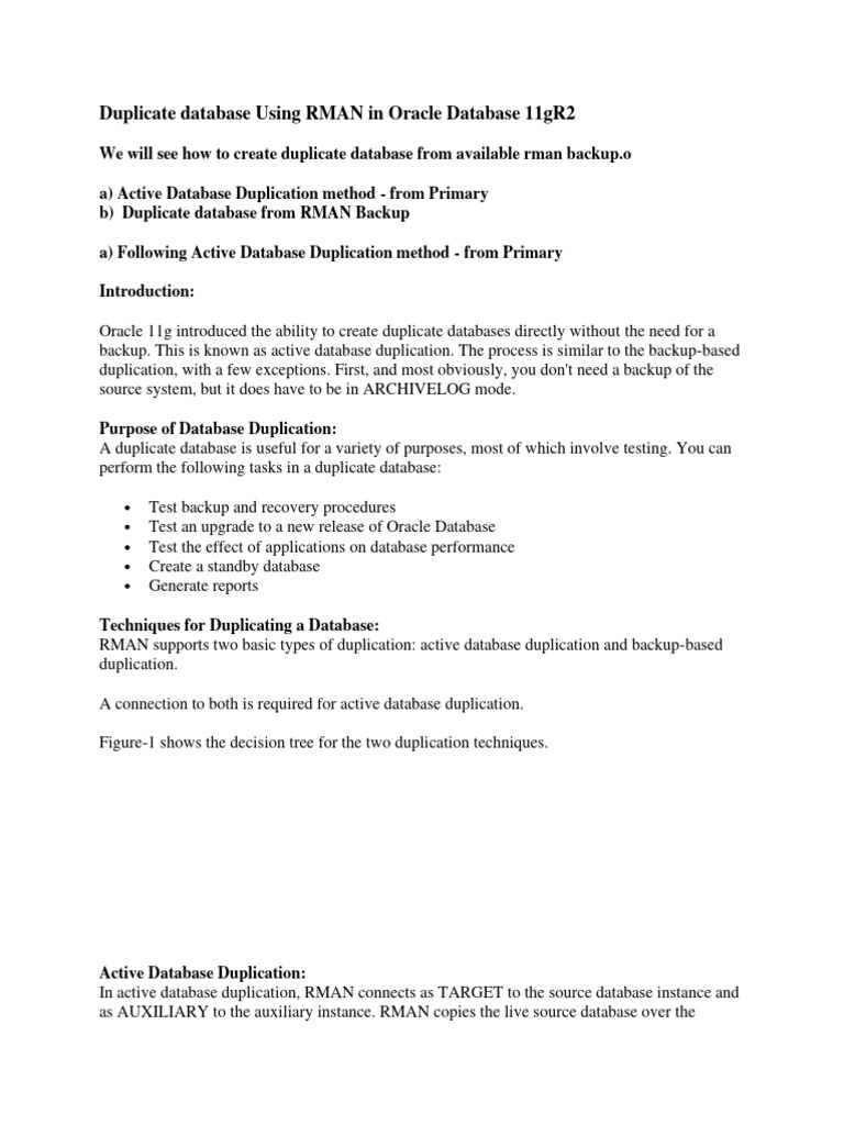 Duplicate Database Using RMAN in Oracle Database 11gR2 | PDF
