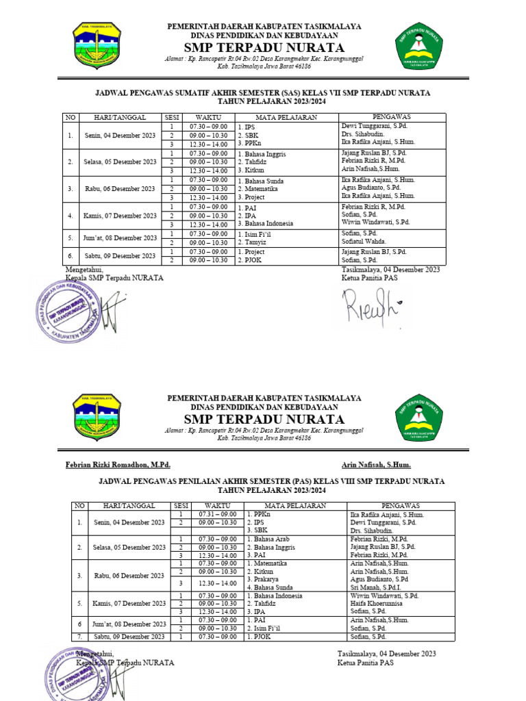 Contoh jadwal pengawas pat pdf