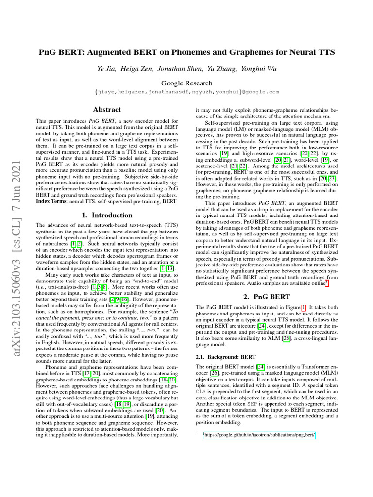 PNG BERT-augmented BERT On Phonemes and Graphemes For Neural TTS | PDF ...