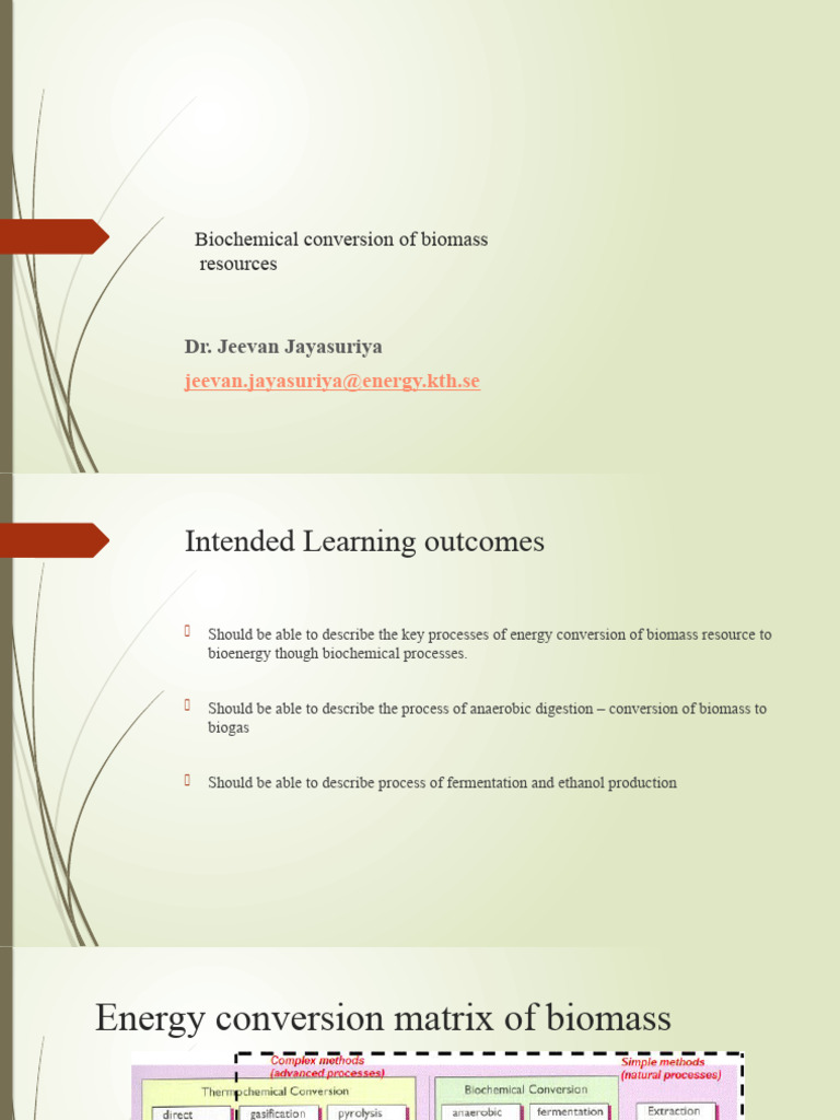 Lecture 3 Biochemical Conversion of Biofuels PDF Biogas Biofuel