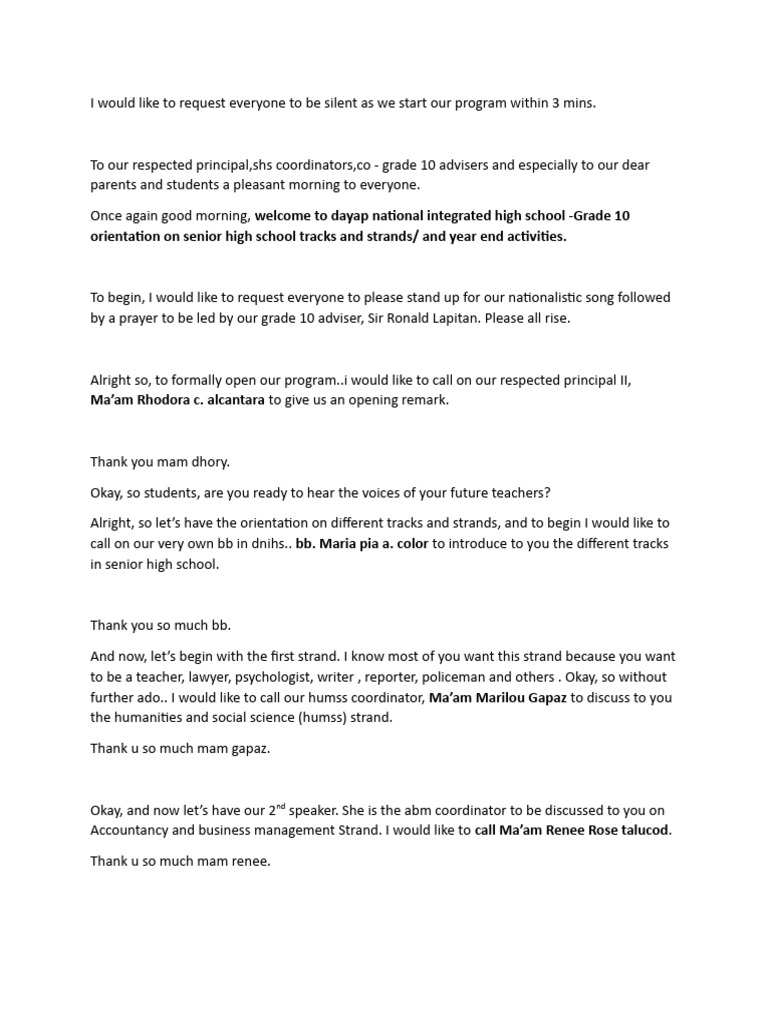 Script, Shs Orientation, Moving Up | PDF