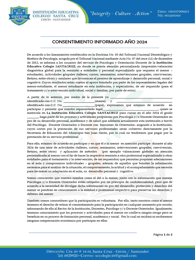 Consentimiento Informado 2024 Psicología | PDF