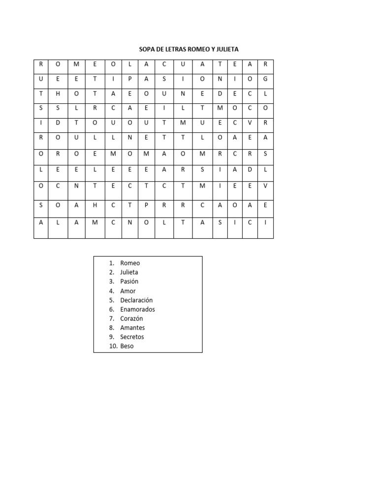 SOPA DE LETRAS ROMEO Y JULIETA | PDF