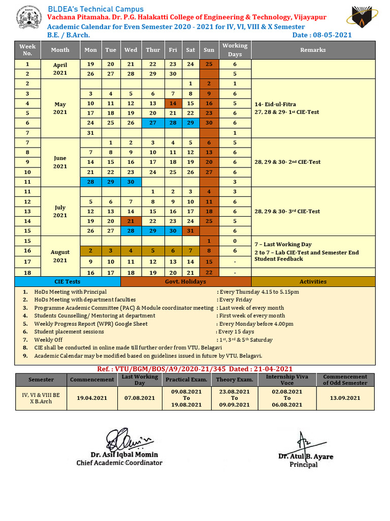Academic Calendar Even Sem 2020 21 PDF