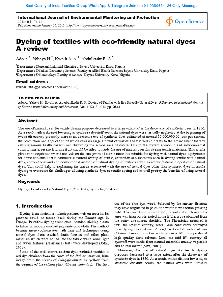 Dyeing of Textiles With Eco Friendly Nat | PDF