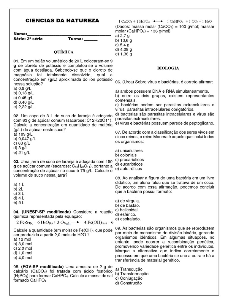 Simulado Ciências Da Natureza Do 2º Ano D-E | PDF | Calor | Bactérias