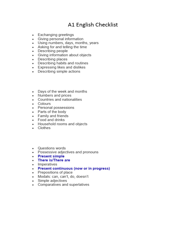 A1 English Checklist | PDF | Language Arts & Discipline
