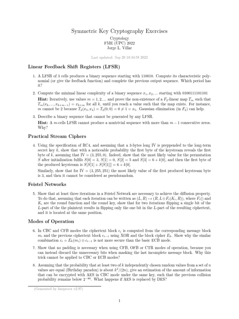 Symmetric Key Cryptography Exercises | PDF | Algorithms | Security ...