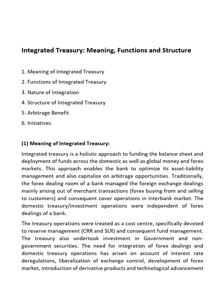 Integrated Treasury: Structure and Functions | PDF | Arbitrage ...