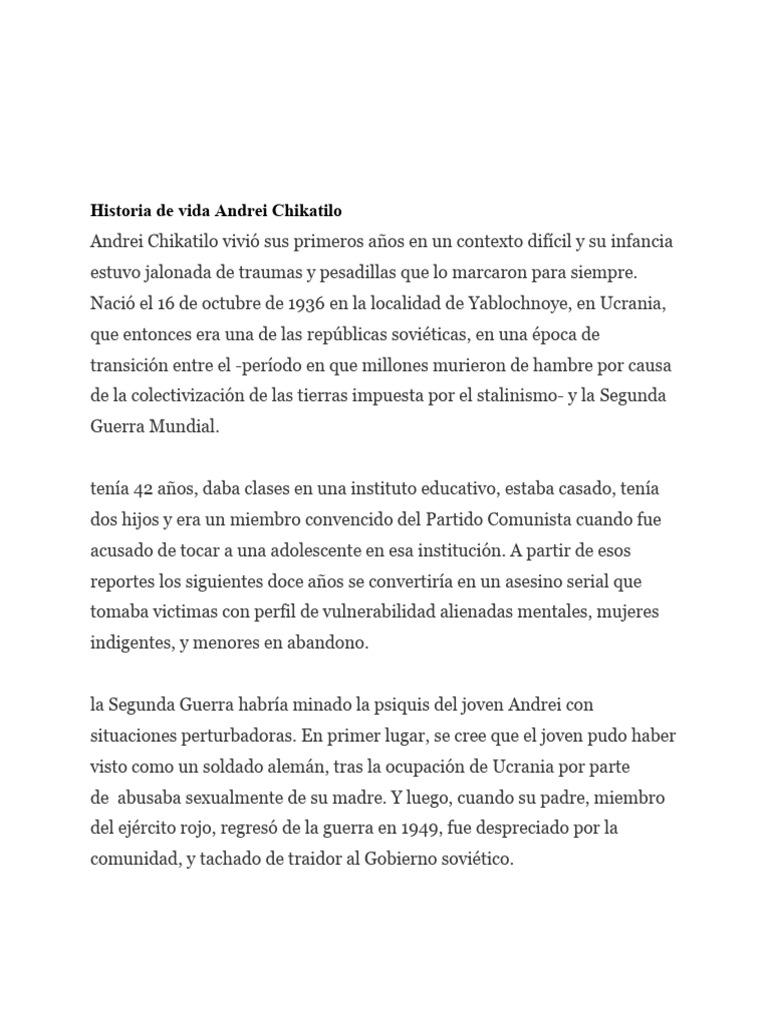 Historia De Vida Andrei Chikatilo Pdf Perfil Del Delincuente