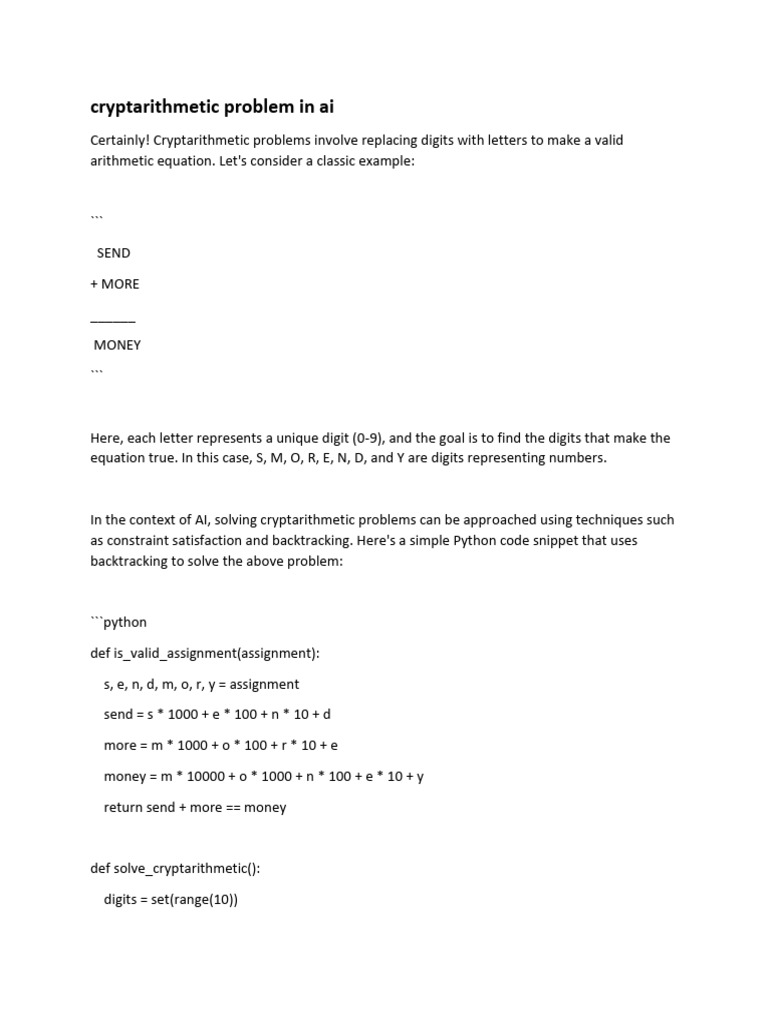 Cryptarithmetic Problem Python Code