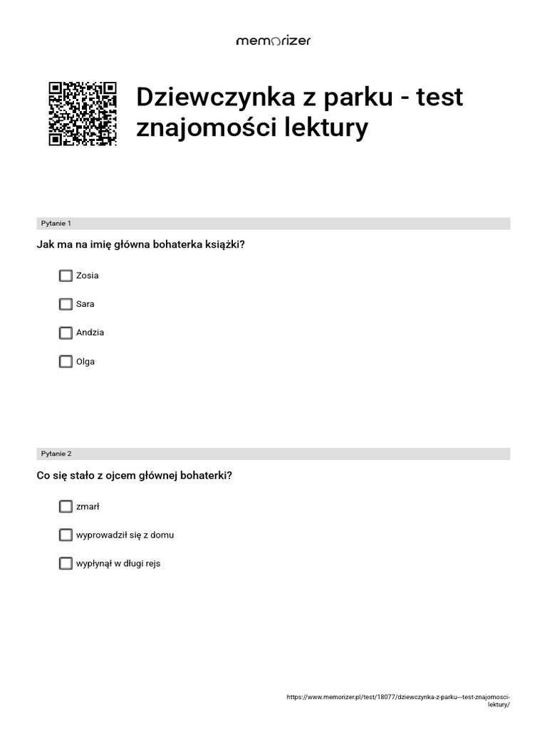 Dziewczynka Z Parku Omówienie Lektury Dziewczynka Z Parku - Test Znajomości Lektury - ROZWIĄŻ | PDF