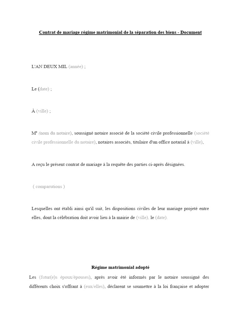 Contrat de Mariage Separation de Biens PDF Mariage Droit privé