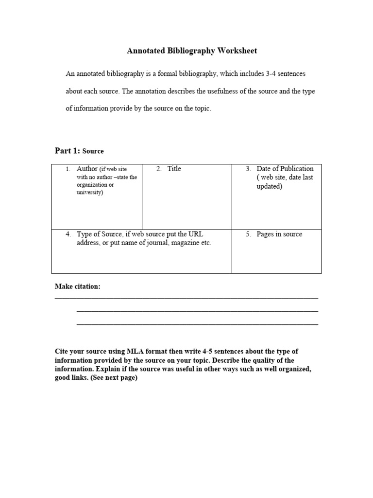Annotated Bibliography Worksheet 1 PDF Citation Bibliography
