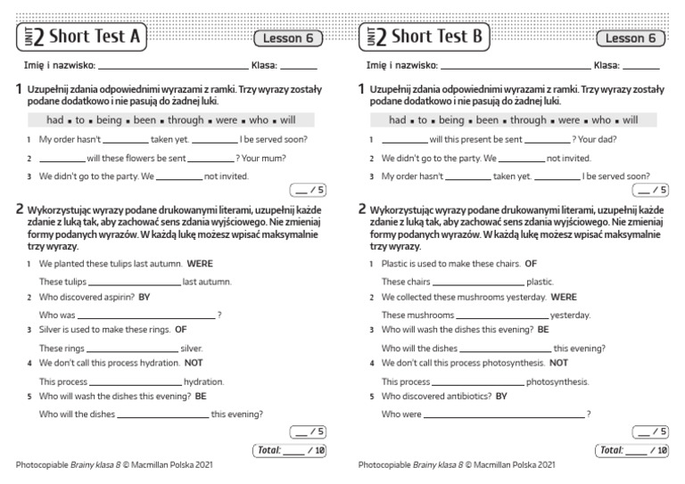 Unit 5 Test A Odpowiedzi Klasa 7 Brainy kl8 Short Tests Unit 2 Lesson 6 | PDF