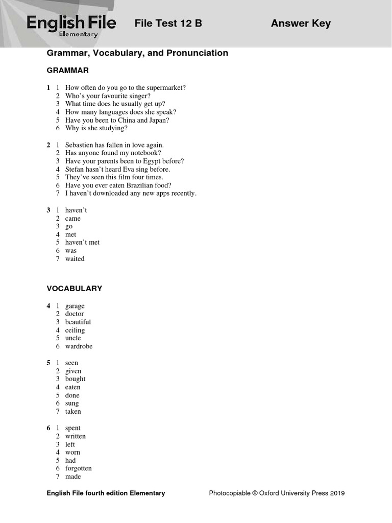Ef4e Elem Filetest 12b Answer Key Pdf English Language Linguistics