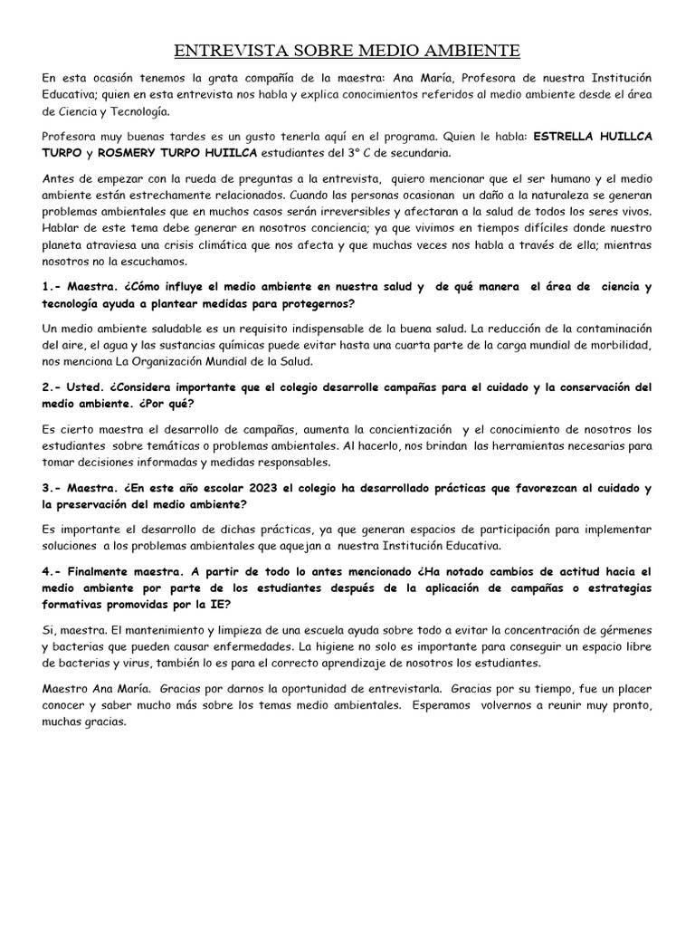 Entrevista Sobre Medio Ambiente | Descargar gratis PDF | Entorno ...