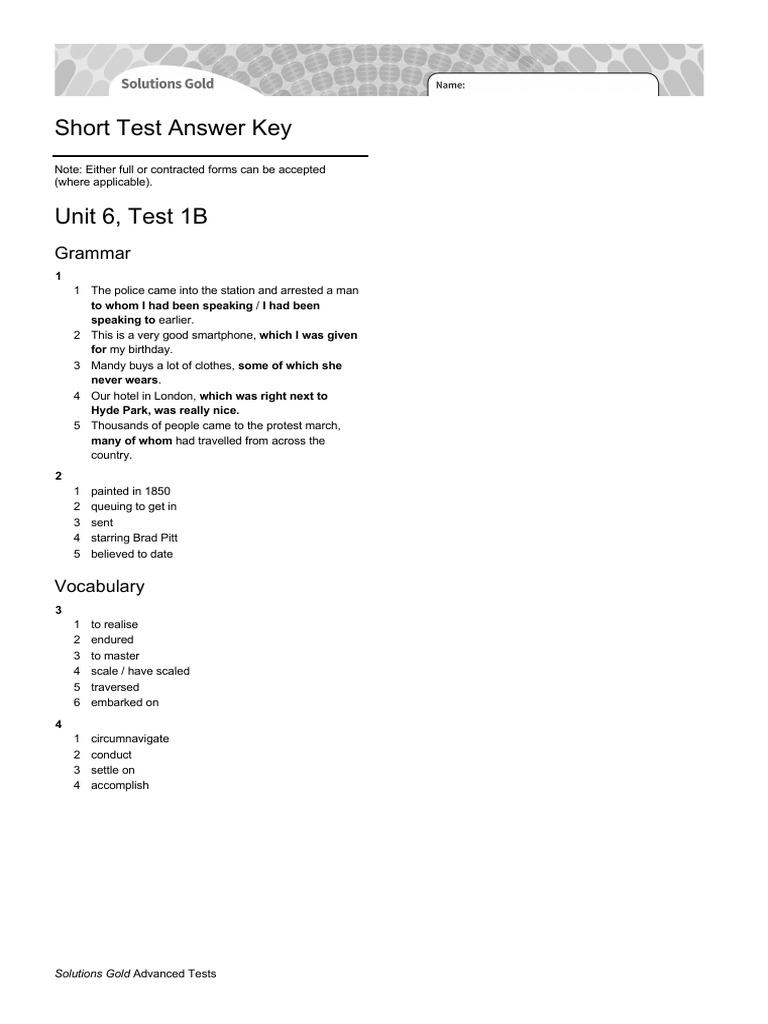 Solutions Gold Adv Short Test U6 Test 1B Answer Key | PDF