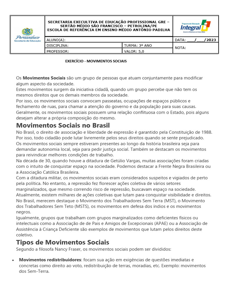3º Ano Questões Movimentos Sociais 1 | PDF
