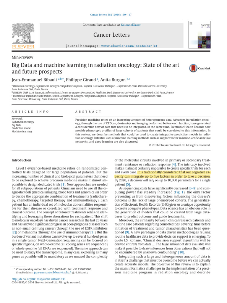 Big Data and Machine Learning in Radiation Oncology (Review) | PDF