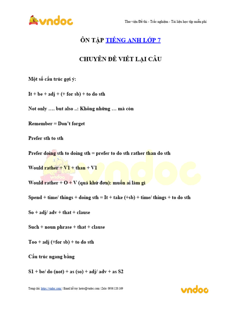 Bai Tap Viet Lai Cau Tieng Anh Lop 7 | PDF