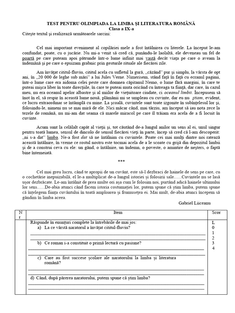 Olimpiada 9 Limba Romana | PDF