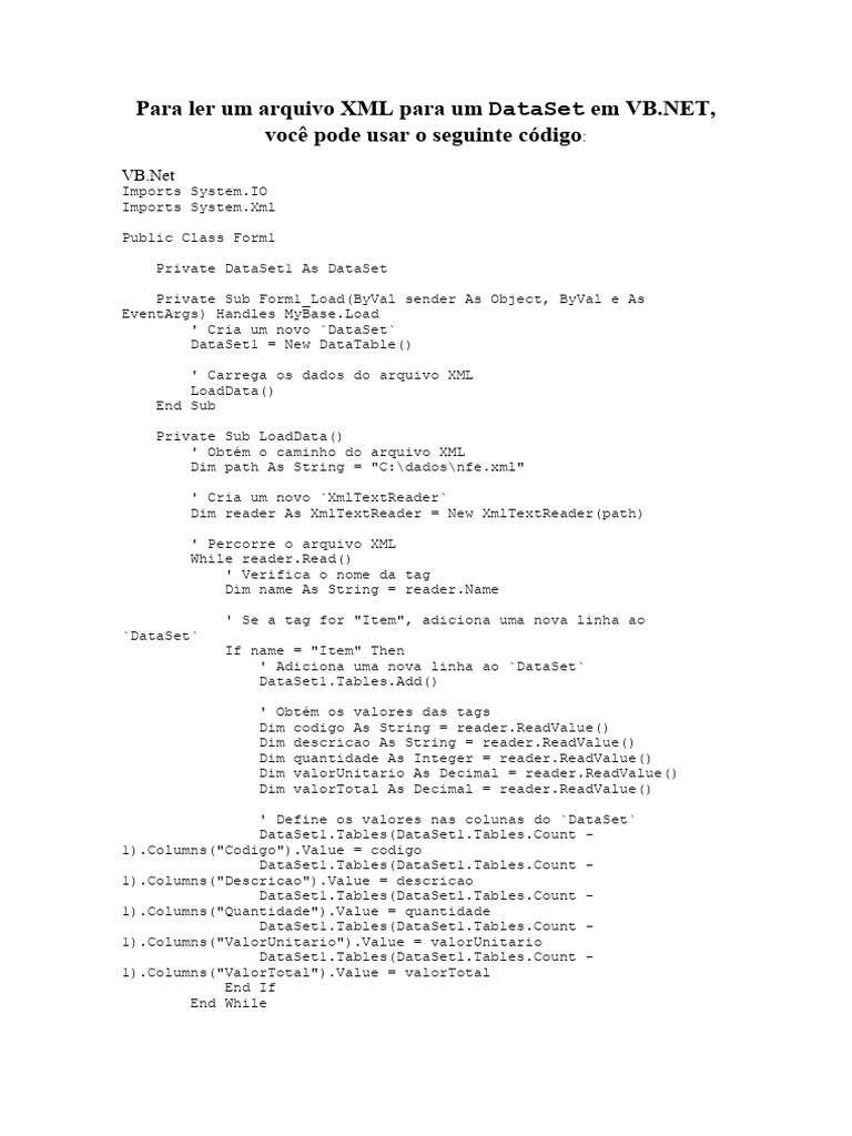 Leitura de XML em DataSet no VB.NET | PDF | Tecnologia da Informação ...