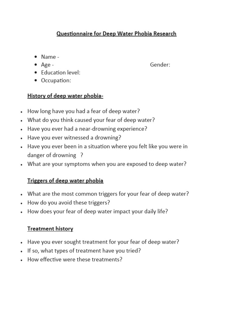 Questionnaire For Deep Water Phobia Research | PDF