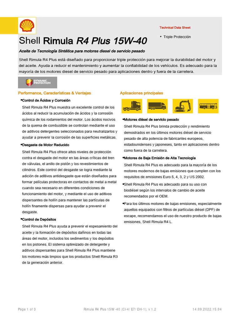 Shell Rimula R4 Plus 15W-40: Ficha Técnica | PDF | Motores | Motor diesel