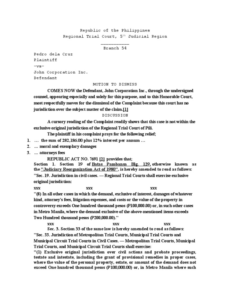 Motion to Dismiss Sample Jurisdiction Trials