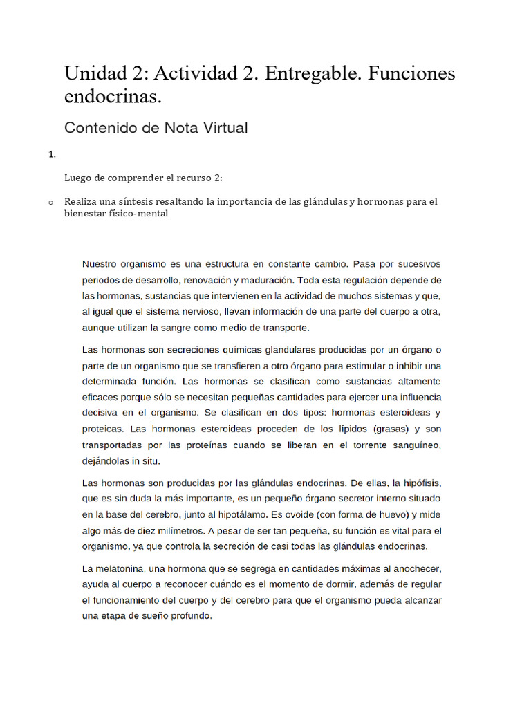 Unidad 2 Actividad 2. Entregable. Funciones Endocrinas. | PDF