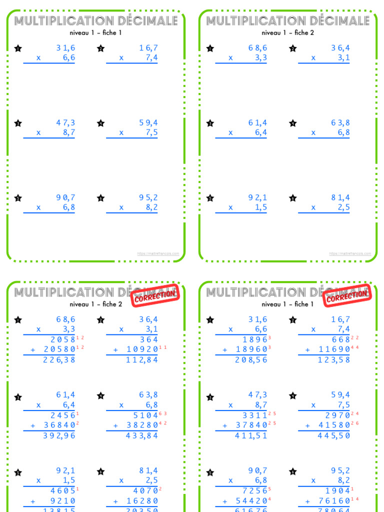 Multiplication d cimale fiches autocorrectives niveau 1 pdf