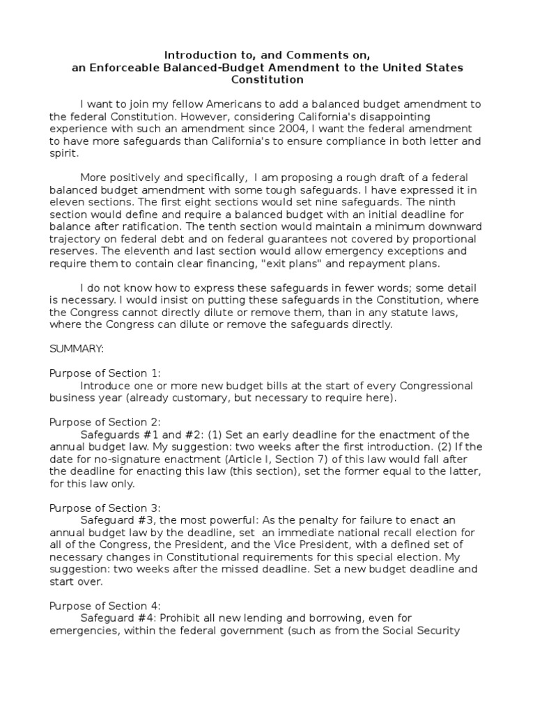 Introduction To and Comments On Balanced Budget Amendment Proposal