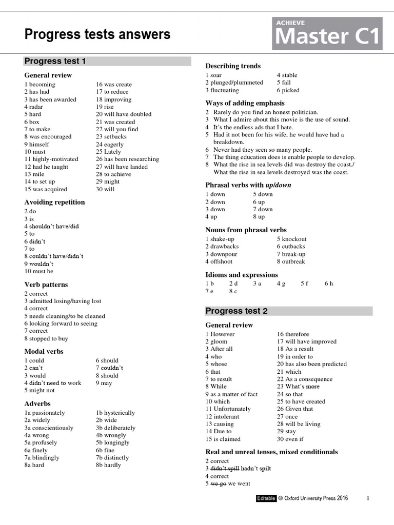 Expert C1 - Progress Test Answer Key 2 | PDF