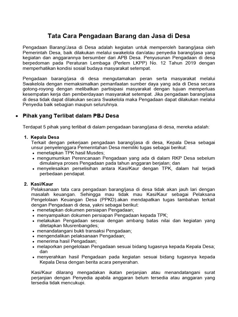 Tata Cara Pengadaan Barang Dan Jasa Di Desa | PDF