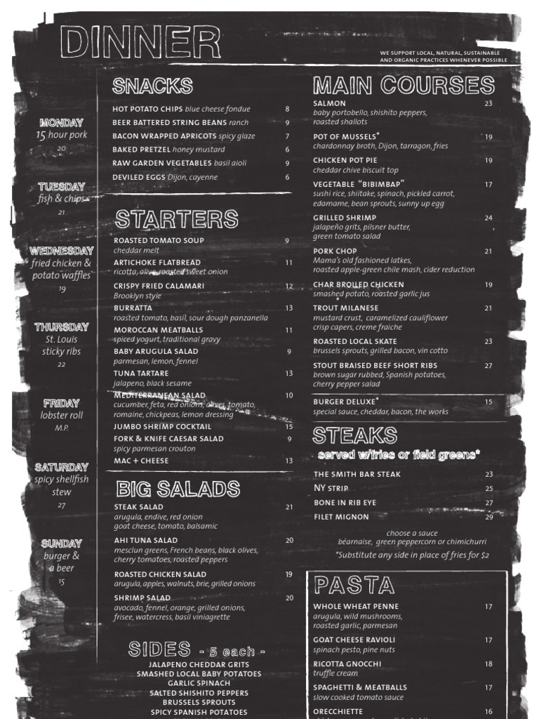 The Smith Dinner Menu French Fries Salad