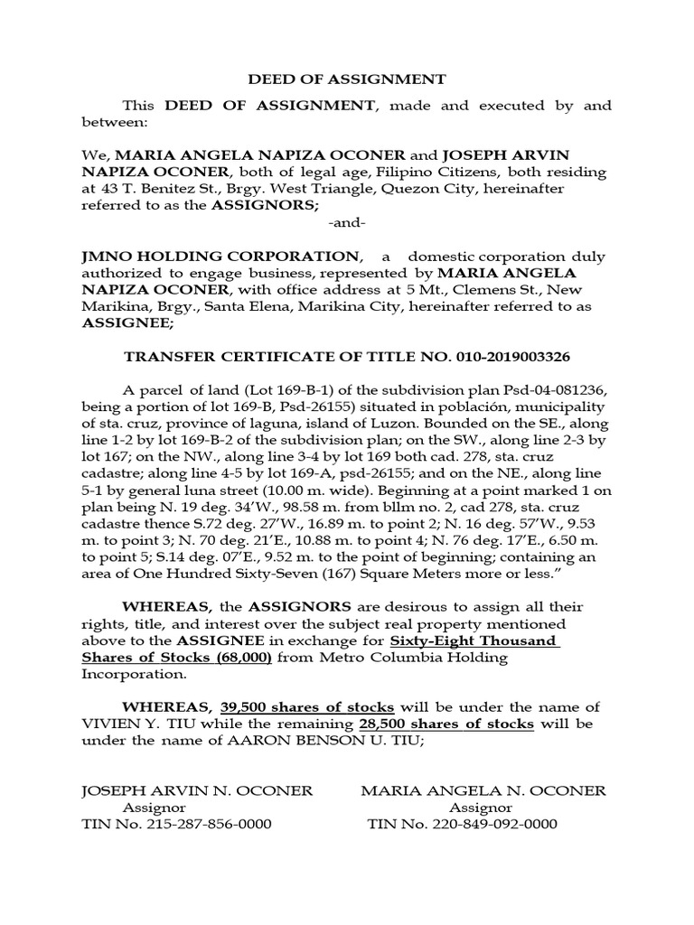 Deed of Assignment | PDF | Assignment (Law) | Contract Law