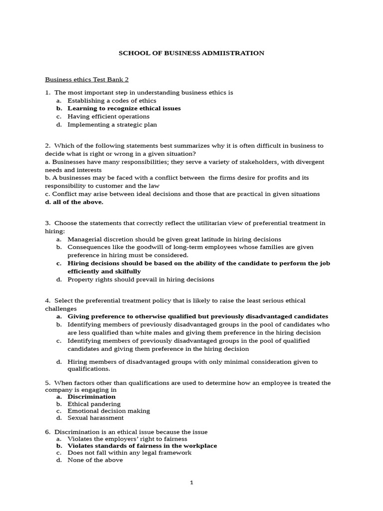 Business Ethics Test 2 Bank | PDF