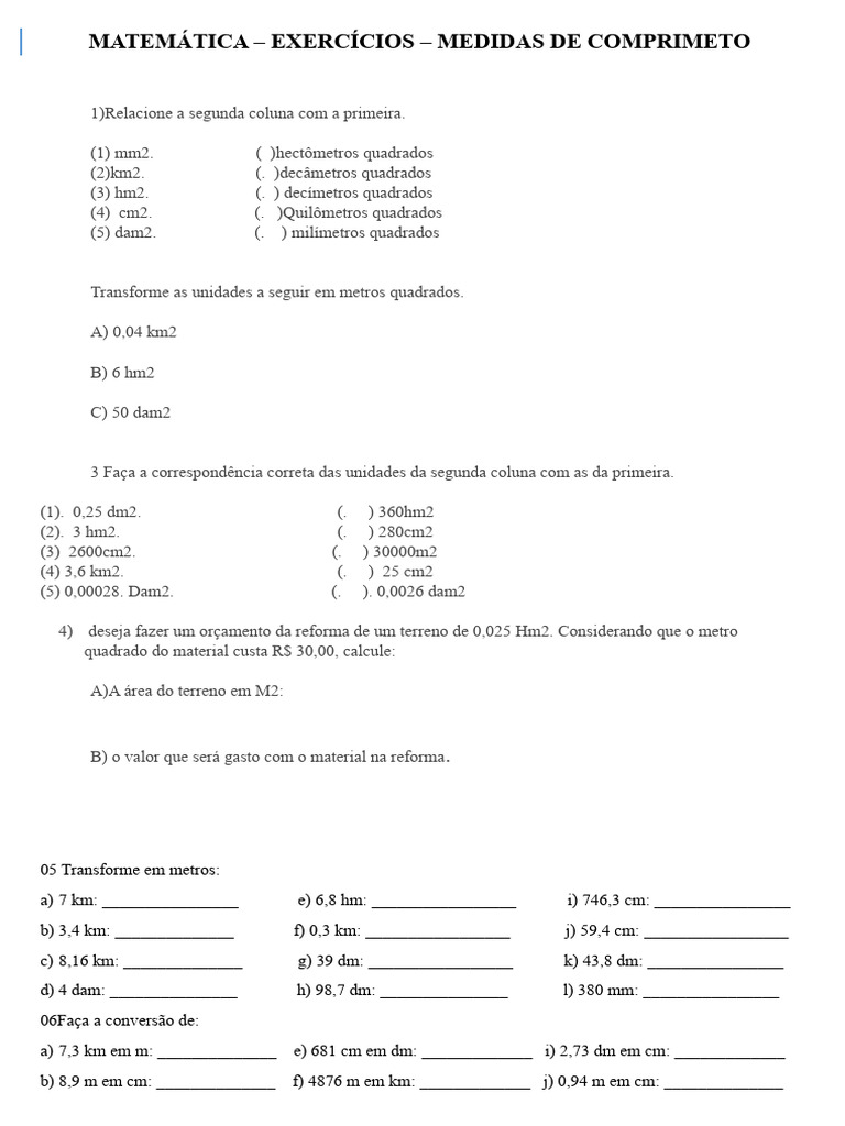 Exercicios de Medidas de Comprimento 6º Ano | PDF | Metro | Duração