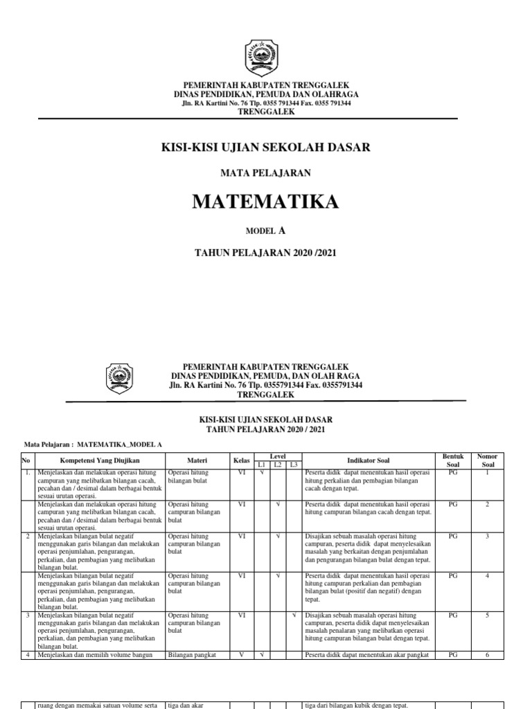 Kisi-Kisi Ujian Matematika SD 2021 | PDF | Metode & Bahan Ajar