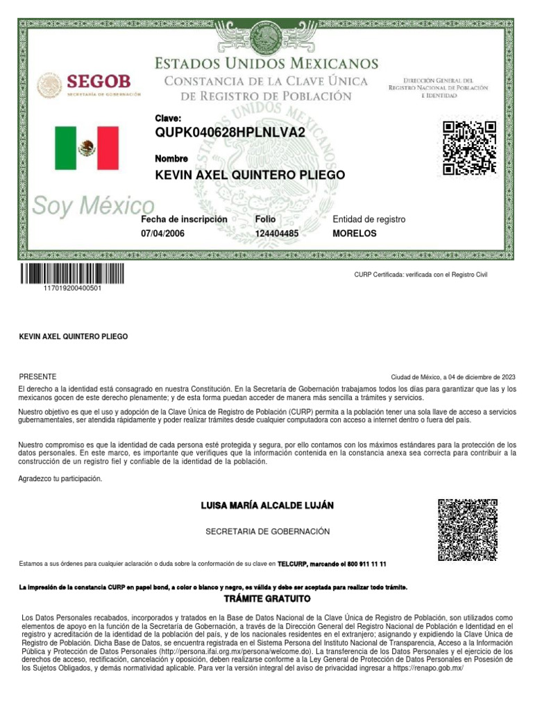 CURP de Kevin Axel Quintero | PDF | Gobierno | Justicia