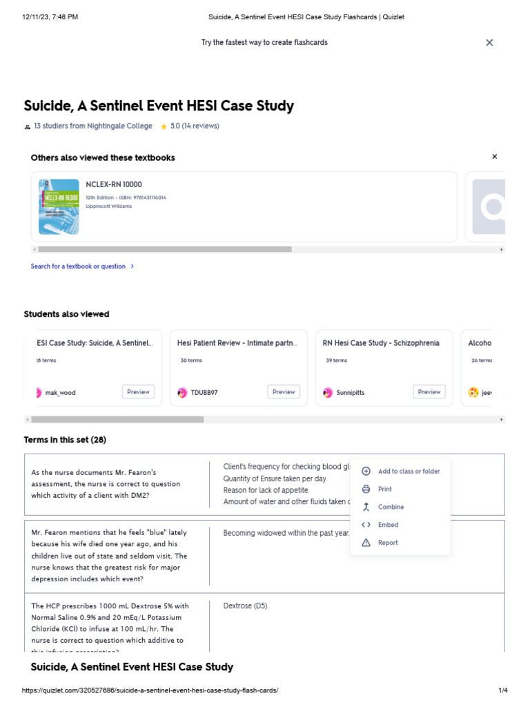 Suicide, A Sentinel Event HESI Case Study Flashcards PDF Palliative
