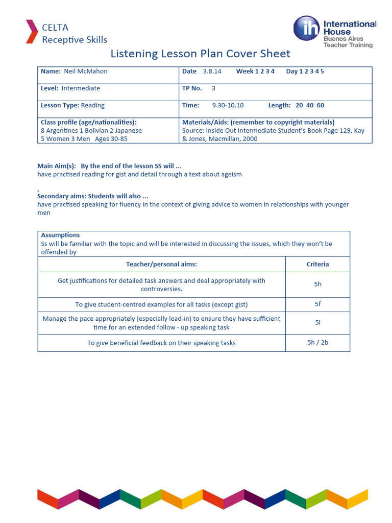 Receptive Skills Reading Or Listening Lesson Plan Celta Pdf