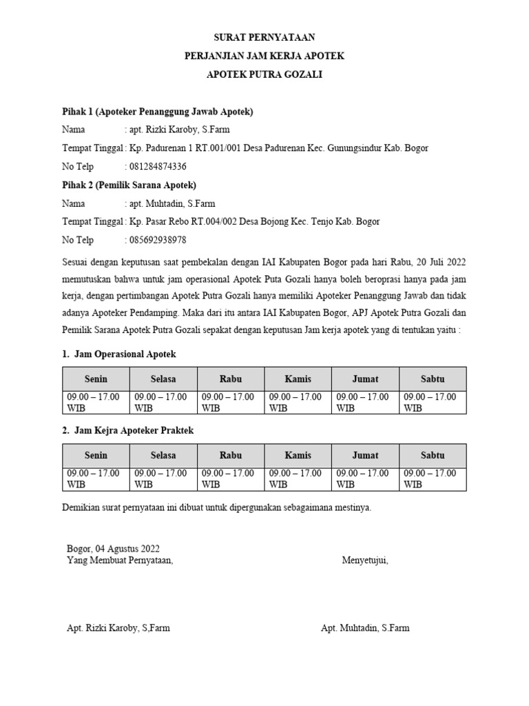 Surat Pernyataan Jam Operasional PDF