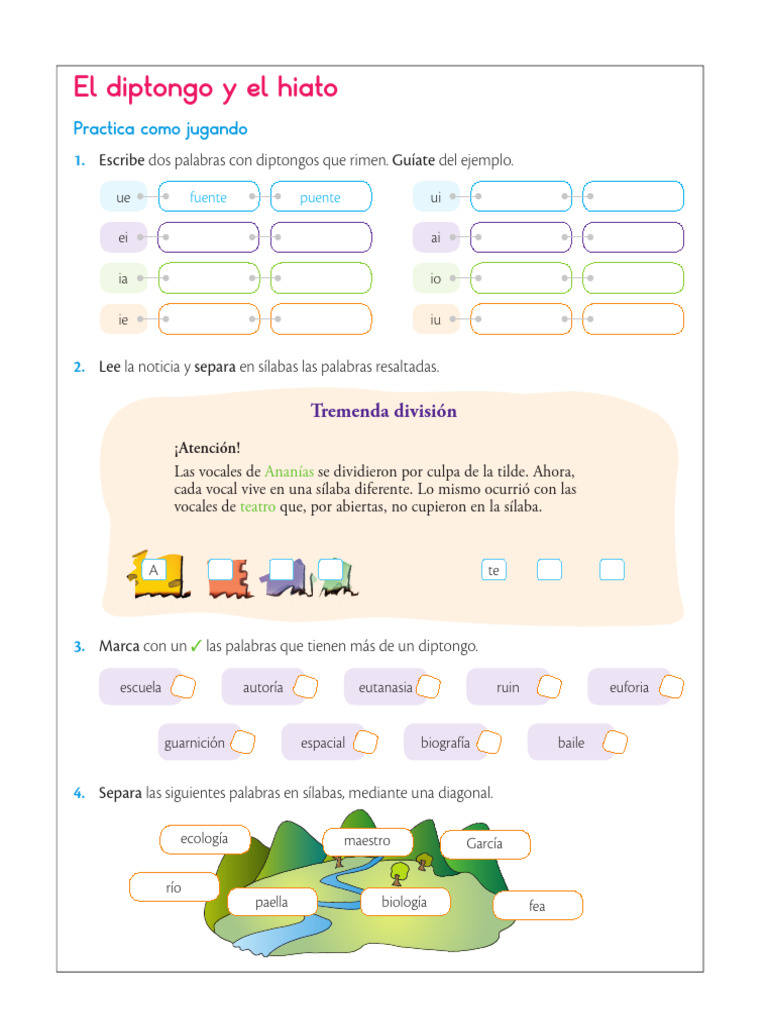 Diptongo y Hiato - Ejercicios | PDF | Sílaba | Fonética