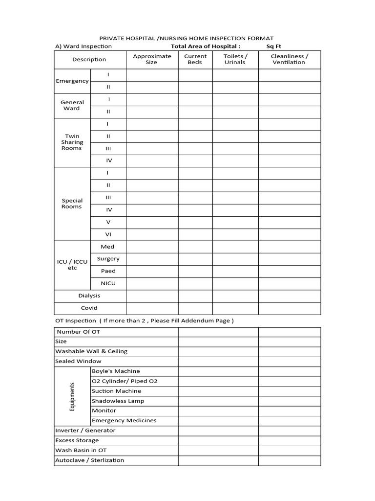 Hospital Inspection Checklist Format | PDF | Nursing | Hospital
